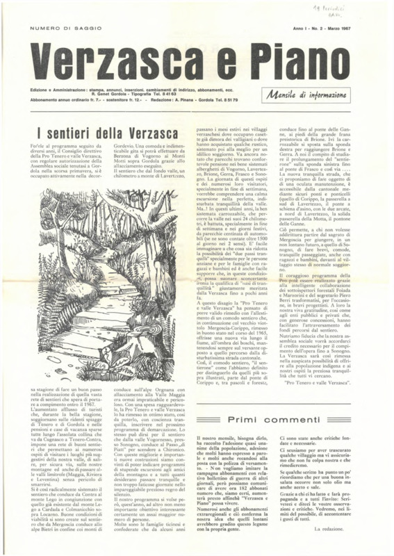 Verzasca e Piano : mensile di informazione, anno I, n. 02, marzo 1967