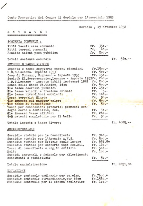 Gordola : Conto preventivo per l'esercizio 1953