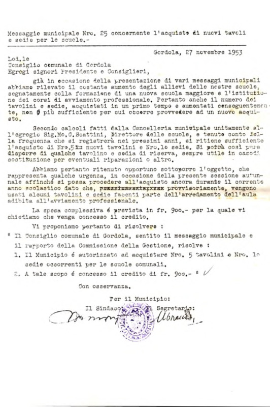 Gordola : Messaggio municipale Nro. 25