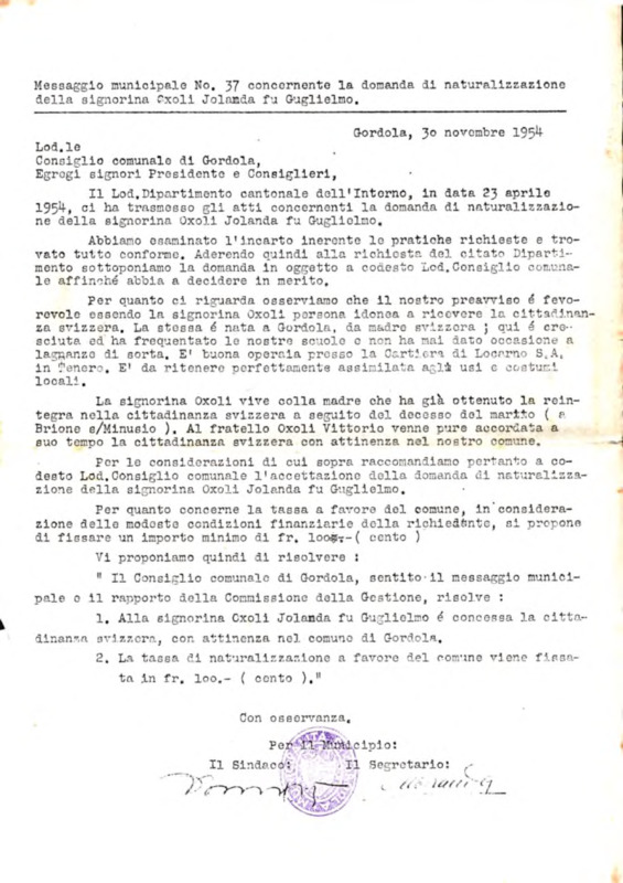 Gordola : Messaggio municipale Nro. 37