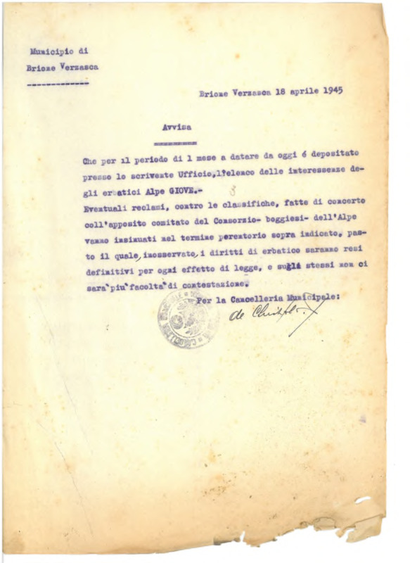 Per quanto concerne l’Alpe Giove fa stato la convenzione stipulata nel 1945