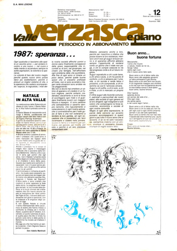 Valle Verzasca e Piano : periodico bimestrale, n. 12 - Anno II, Dicembre 1986