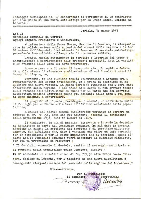 Gordola : Messaggio municipale Nro. 17