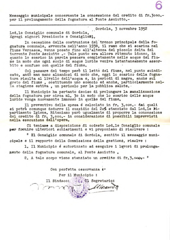 Gordola : Messaggio municipale 3-11-1952