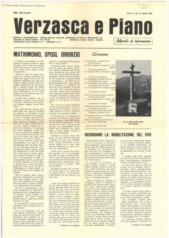 Verzasca e Piano : mensile di informazione, anno II, n. 10,  ottobre 1968