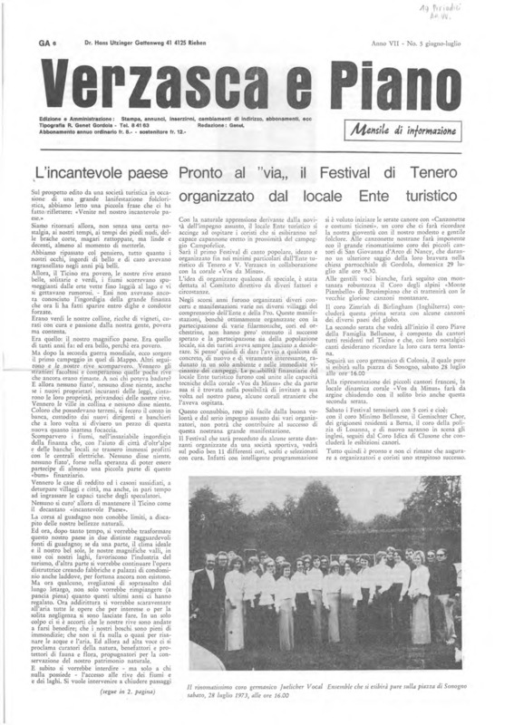 Verzasca e Piano : mensile di informazione, anno VII, n. 05,  giugno luglio 1973