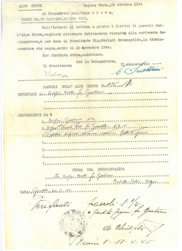 Nell’intento di mettere a giorno i diritti di pascolo  Togni er. fu Gaetano