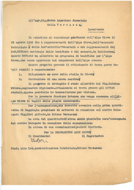 In relazione al sopraluogo praticato sull’Alpe Giove il 29 agosto 1945