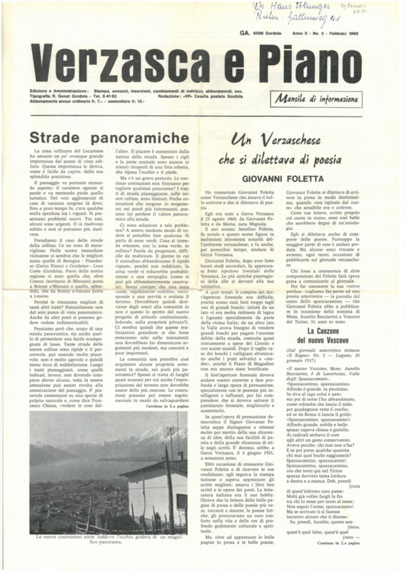 Verzasca e Piano : mensile di informazione, anno II, n. 02,  febbraio 1968