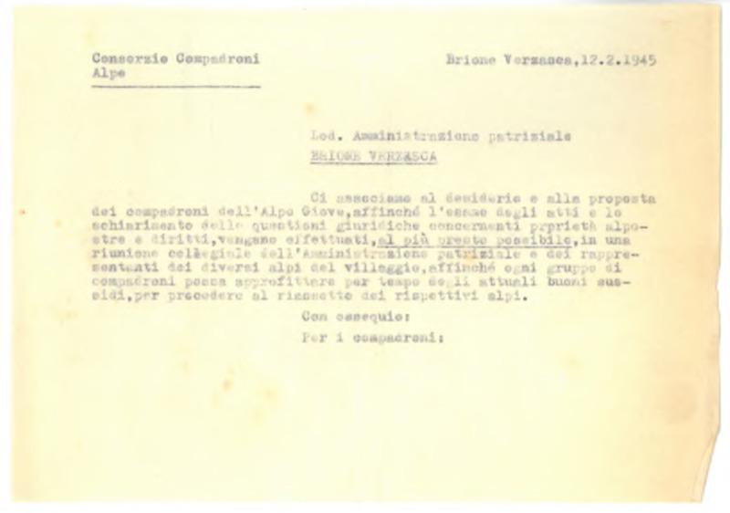 Ci associamo al desiderio e alla proposta dei compadroni dell'Alpe Giove