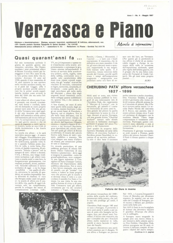 Verzasca e Piano : mensile di informazione, anno I, n. 04,  maggio 1967