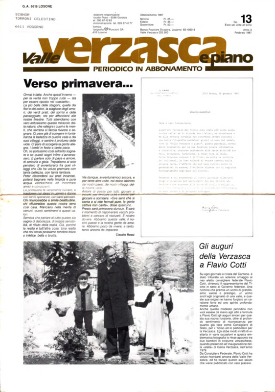 Valle Verzasca e Piano : periodico bimestrale, n. 13 - Anno III, Febbraio 1987