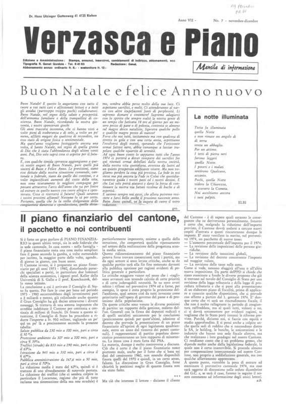 Verzasca e Piano : mensile di informazione, anno VII, n. 07,  novembre dicembre 1973