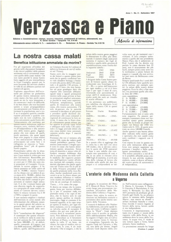 Verzasca e Piano : mensile di informazione, anno I, n. 08,  settembre 1967